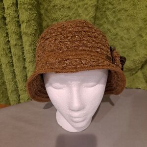Betmar Tan Brown Tweed Cloche Hat with Sequin Ribbon Flower